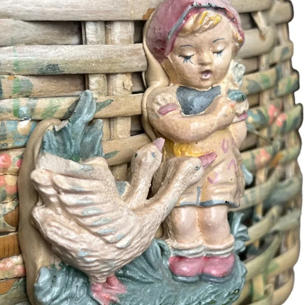 RARE! Vtg Basket Barbola Gesso Adornment Handpainted Girl Geese Philippines 14